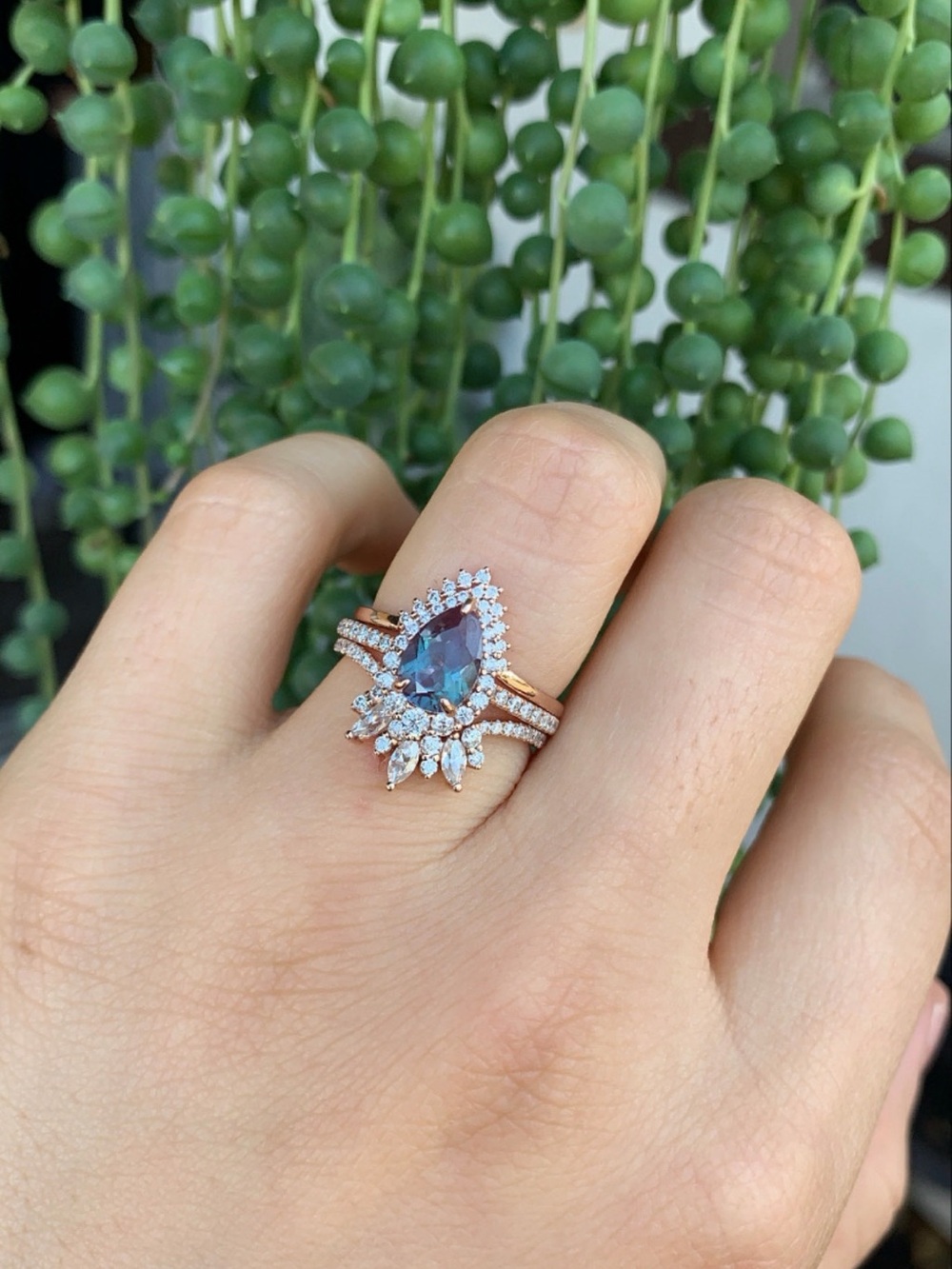 14K Rose Gold Alexandrite & Moissanite 3-Piece Ring Set Size 7